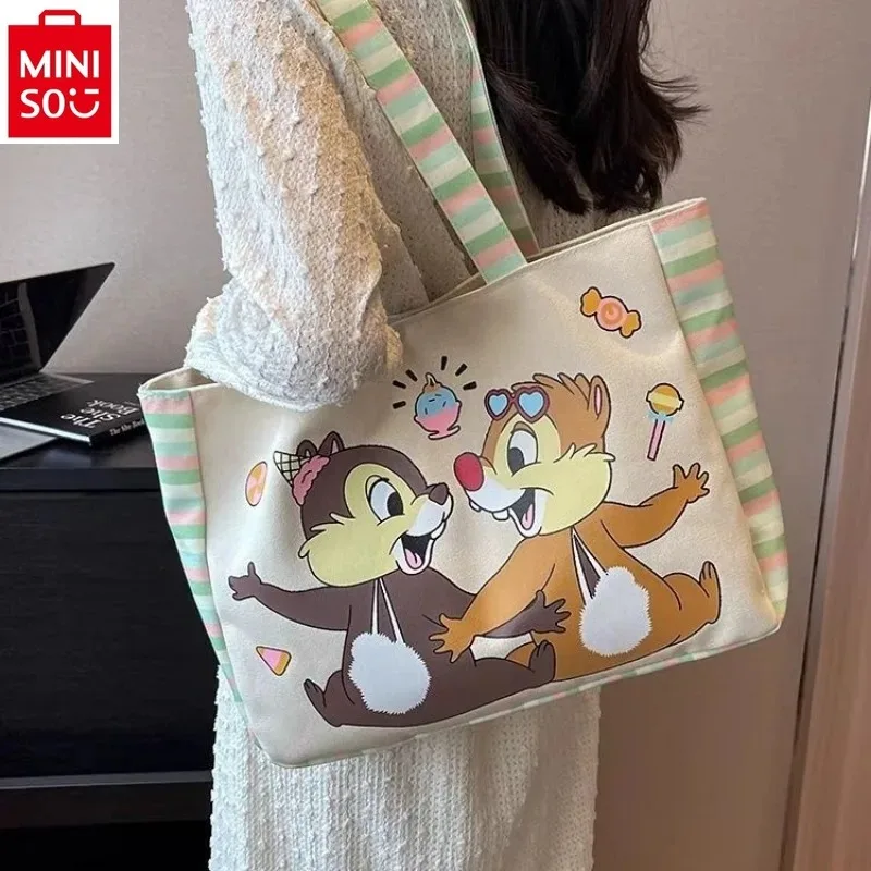 MINISO Disney Carton Chichitti Fashion Canvas Printed Cute Shoulder Bag Women's Large Capacity Multi functional Storage Tote Bag