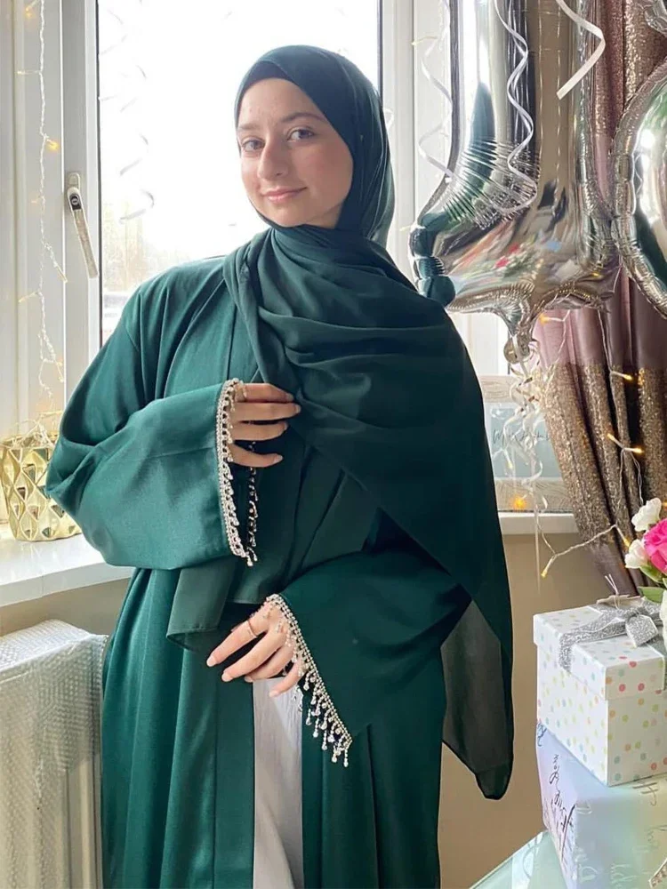 Kimono Muslim Open Abaya Dubai Luxury Party Hijab Dress Satin Beads Saudi Abayas for Women Ramadan Islam Clothes Kaftan Dresses