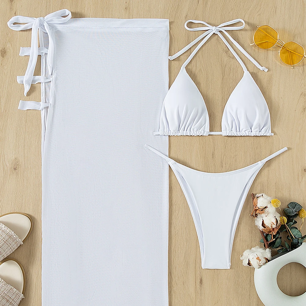 2022 INS Strap Women Sexy Bikini Swimsuit Set Backless Solid Color Thong Female Summer Bodysuit Bathing Suit Swim Wear