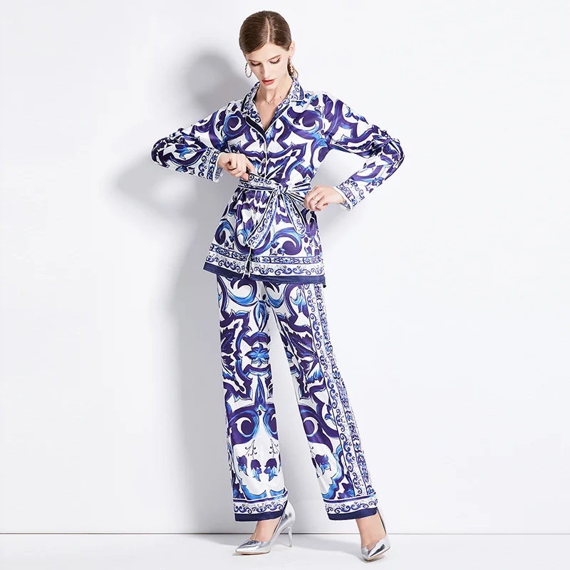 New Autumn Red Blue And White Porcelain Print Trousers Suit Women's Belt Notched Blouse Top + Wide Leg Pants Set Outfits N8730