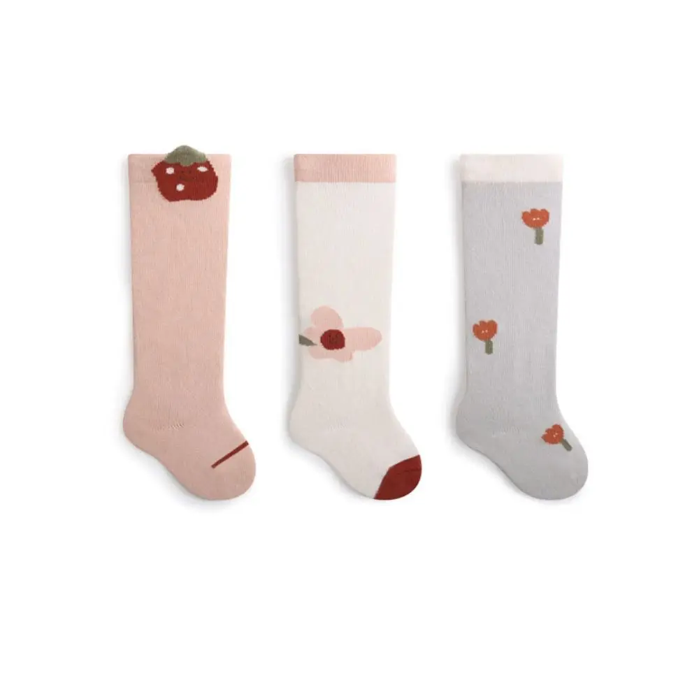 3Pairs Strawberry Calf Socks Baby Cotton Flower Cartoon Above Knee Socks Cute Animals Print Toddle Cotton Stockings Newborn