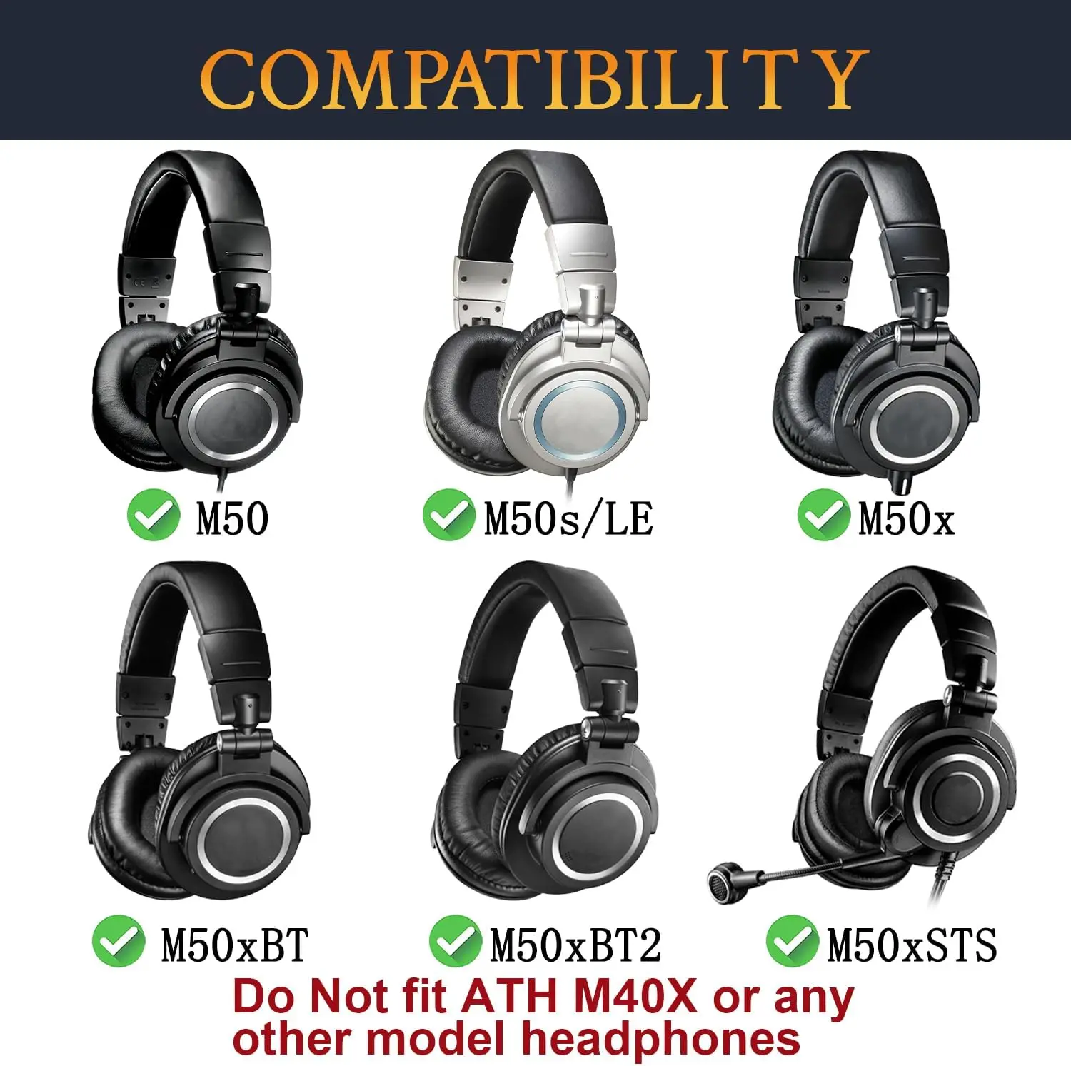 Headband +EarPad Kit for ATH M50X M50XBT M50XBT2 M50 M50S/LE Head Band Replacement Ear Pads Cushions Easy Installation
