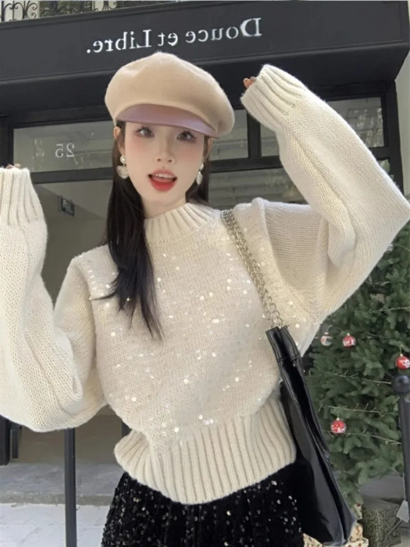 

Temperament Sweet Sequin Sweater Women Korean O-Neck Solid Soft Glutinous Elastic Slim French Plush Winter Celebrity Knitwear