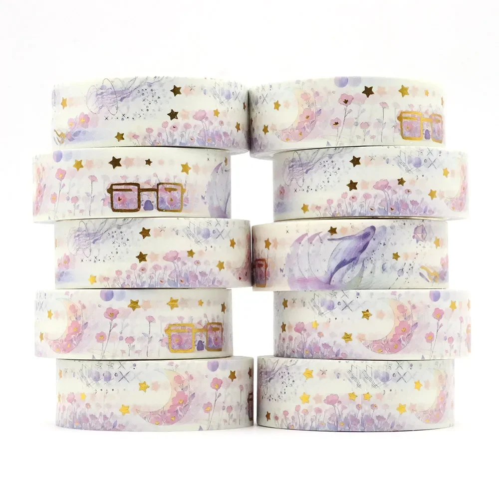 

10 шт. 15 мм x 10 м, Золотая фольга, романтический цветочный дизайн, звезда, дельфин, медуза, красочные клейкие канцелярские принадлежности, офисные принадлежности