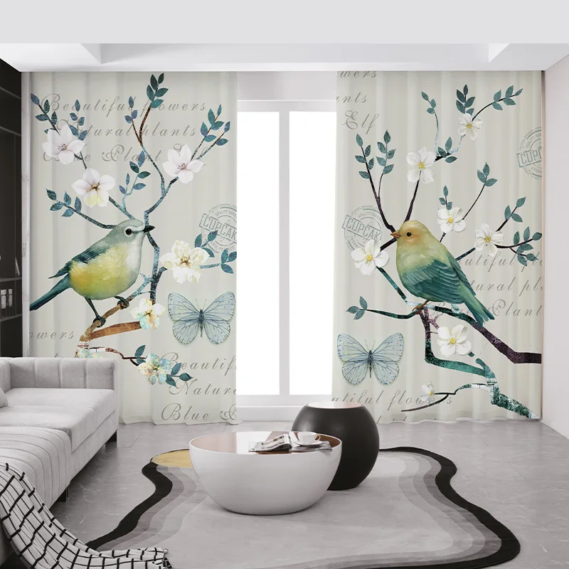 

3D Printing American Style Luxury Curtains, Retro Rich Flowers Hand-painted Birds Window Curtain for Living Room Bedroom 2PCS