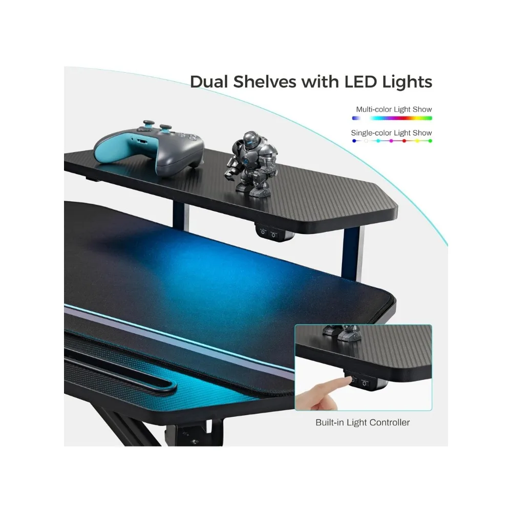 Gaming Desk with Led Lights,72" Large Wing-Shaped Studio Desk W Keyboard Tray, Computer Desk Table W Monitor Stand 5