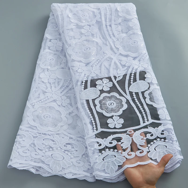 

African White Soft Milk Silk Lace Fabric 2022 High Quality French Tulle Lace With Sequins For Women Wedding Party Sewing 2834A