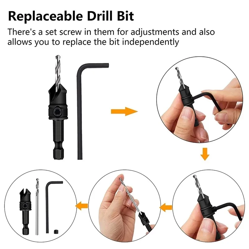 Woodworking Countersink Drill Bit Set Screws Pilot Drill Bits Hole Opener Set Cone Hardware Tool with 5 Replaceable Drill Bits