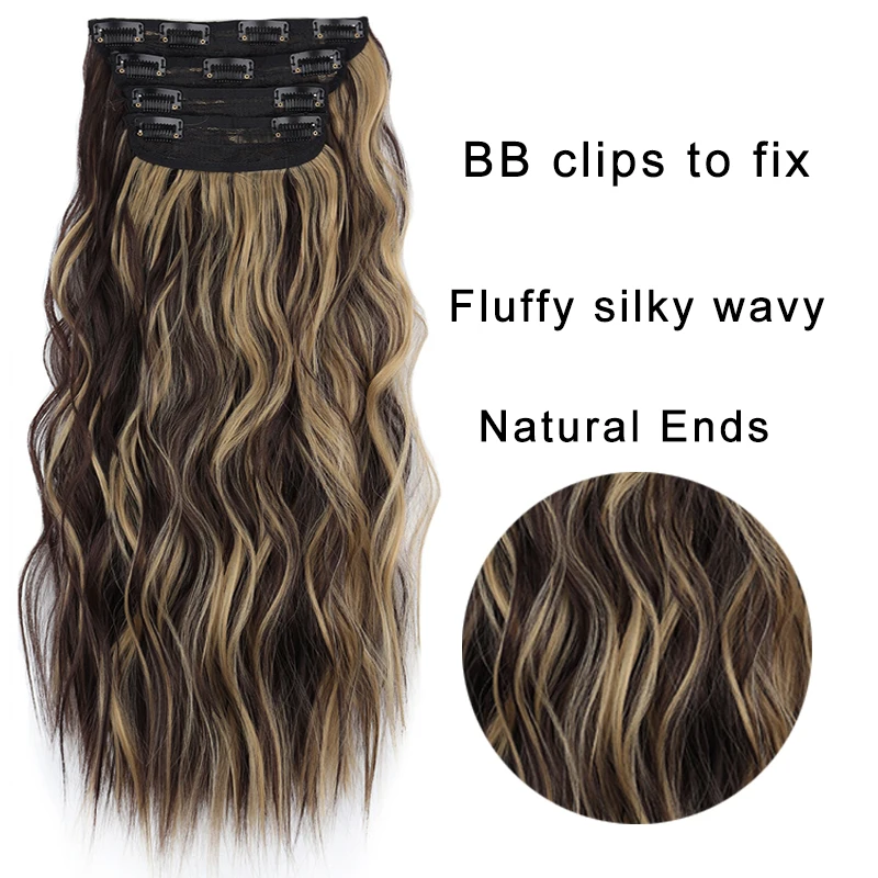 4Pcs/Set 20Inch Synthetic Hair Clip In Long Wavy Thick Hairpieces For Women Full Head Synthetic Hair Extensions Ombre Hairpieces 2