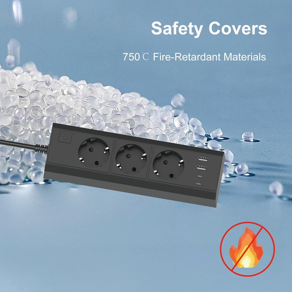Power Strip 7 IN 1 2500W EU Plug 1.5M Extension Cord Socket Extender With 3AC Outlets 4USB 17W Fast Charging 7 Safety System