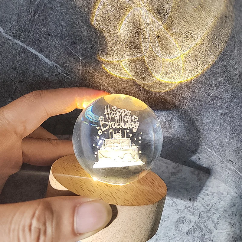 Wireless round LED light base 8 cm 10 cm warm white coloured battery-operated wooden display stand 3D crystal resin ball