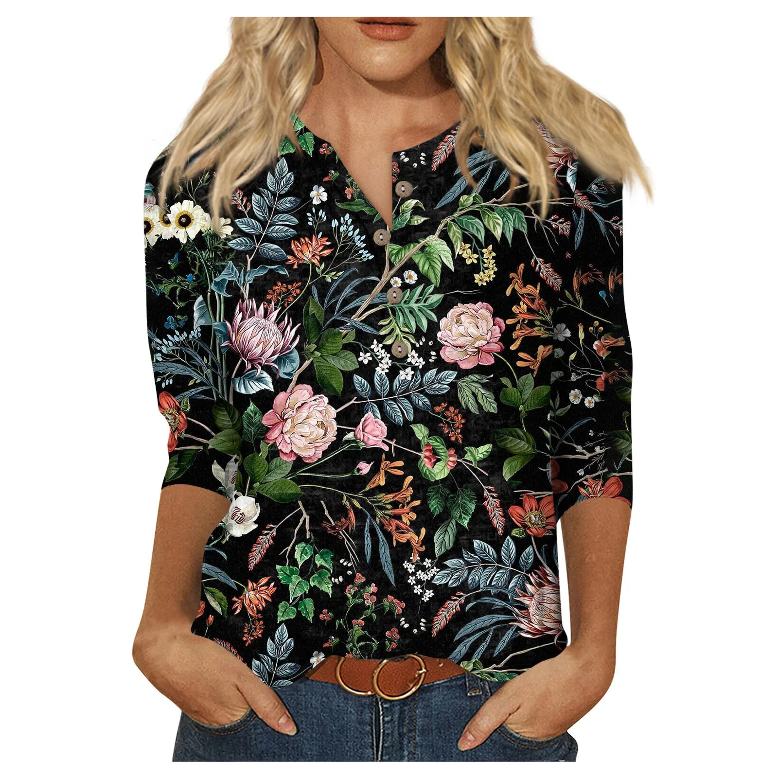 

Ladies Floral Print Three Quarter Sleeve Button Collar Top T-Shirt Bottom Shirt Tops For Women Summer Clothes Roupas Feminina