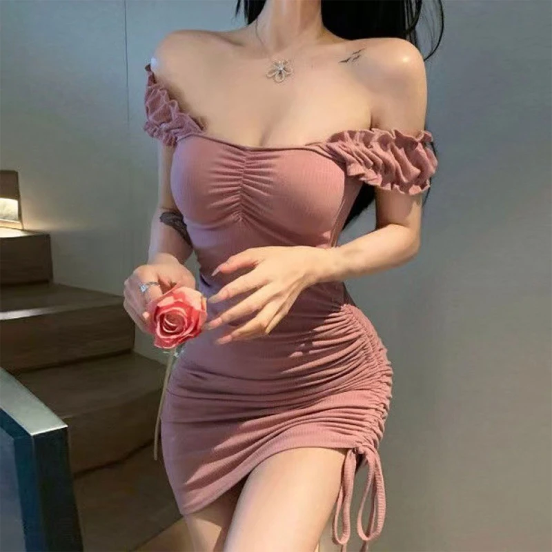 

Women Puff Short Sleeve Sqaure Neck Bodycon Mini Dress Sexy Off Shoulder Ribbed Knit Side Ruched Drawstring Slim Asymmetric Hem