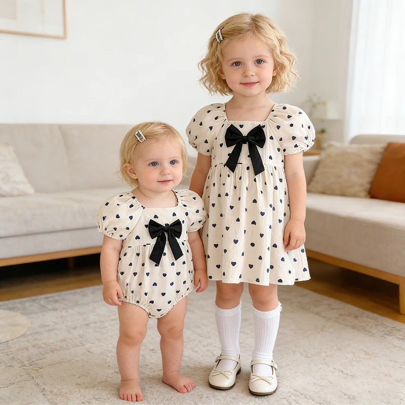 2026 Neues Frühlings-Schwesterkleid 2-6 Jahre Mädchen Partykleid Baumwolle Kinder Herzförmiges Kleid 0-24 Monate Baby Mädchen Kurzarm Bedruckter Strampler