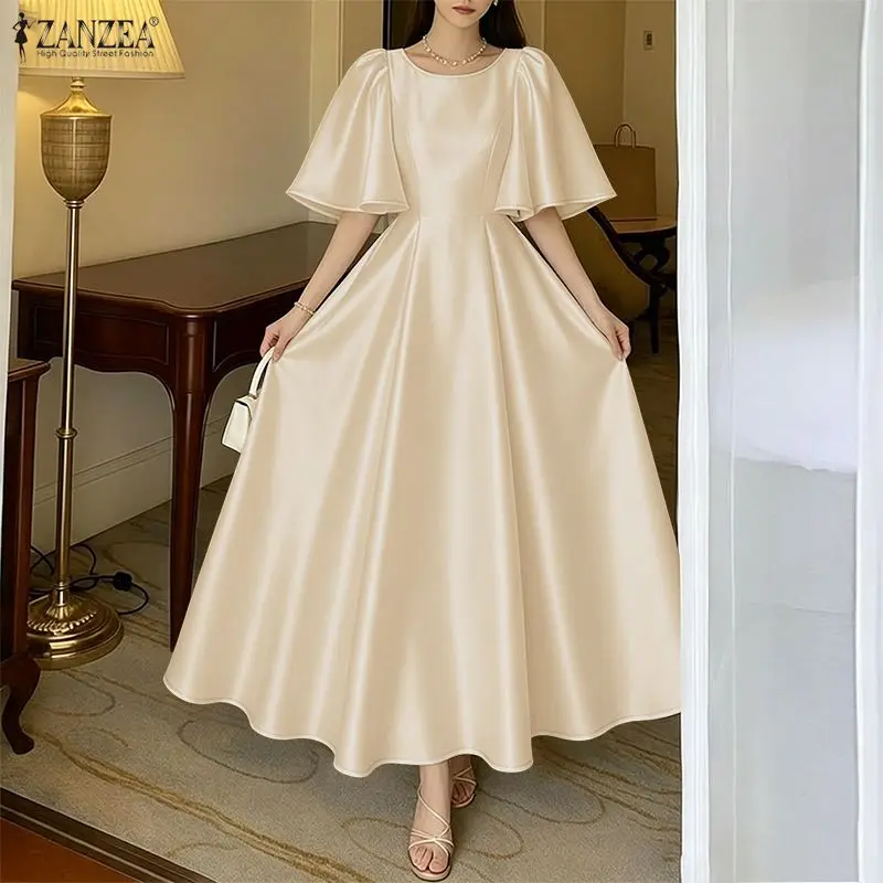 2026 ZANZEA Elegante Abito da Sera a Trapezio da Donna in Raso, Vestito Estivo con Maniche a Petalo Corte, Tinta Unita, Abito Lungo da Sera - immagine 4