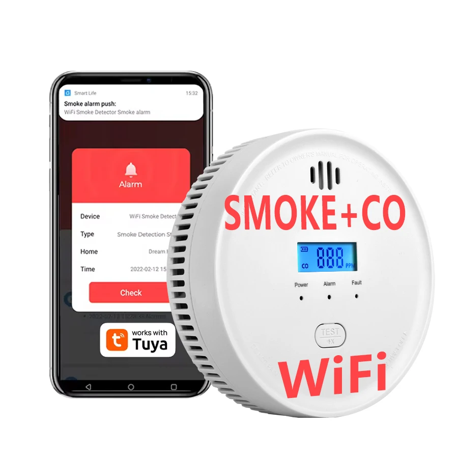 เครื่องตรวจจับควันและคาร์บอนมอนอกไซด์ SMARSECUR แบบใช้ WiFi พร้อมแบตเตอรี่สำรอง ระบบเตือนควันและ CO แจ้งเตือนผ่านแอป ได้รับมาตรฐาน CE UL 1