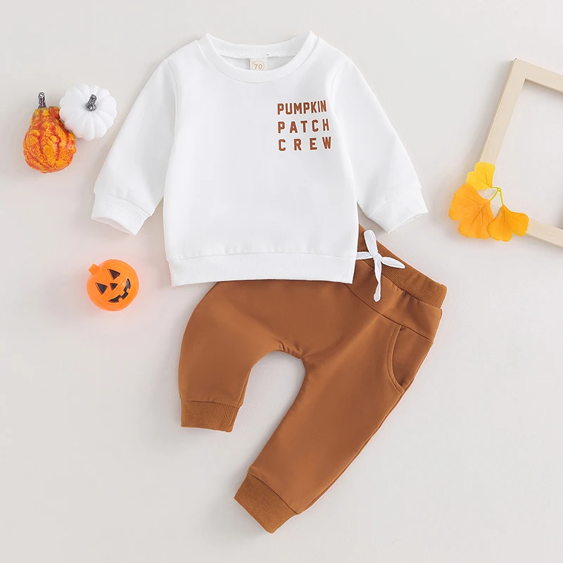 

2023-06-09 Lioraitiin 0-3Years Toddler Boy Girl 2Pcs Halloween Outfits Long Sleeve Letter Print Sweatshirt Pants Baby Clothes