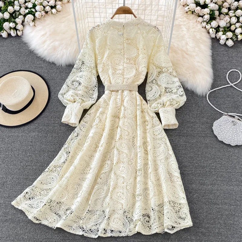 Vintage Court Style Lace Dress Women Elegant Hollowed Out Lantern Long Sleeve Slim Party Dresses Ladies Beige Black Long Robe