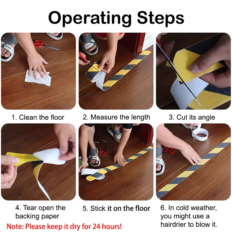 Operating steps for anti-slip tape application: clean, cut, and apply.