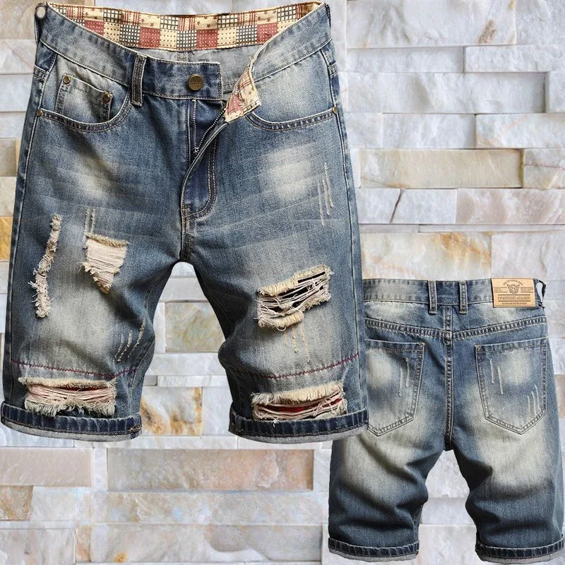 thumbnail image 1 of Pantalones cortos de mezclilla para hombre, holgados, con estampado medio, bermudas cortas, pantalones vaqueros para hombre, rotos, largos, holgados, anchos, populares, de lujo, diseñador de moda Y2k, 1 of 5