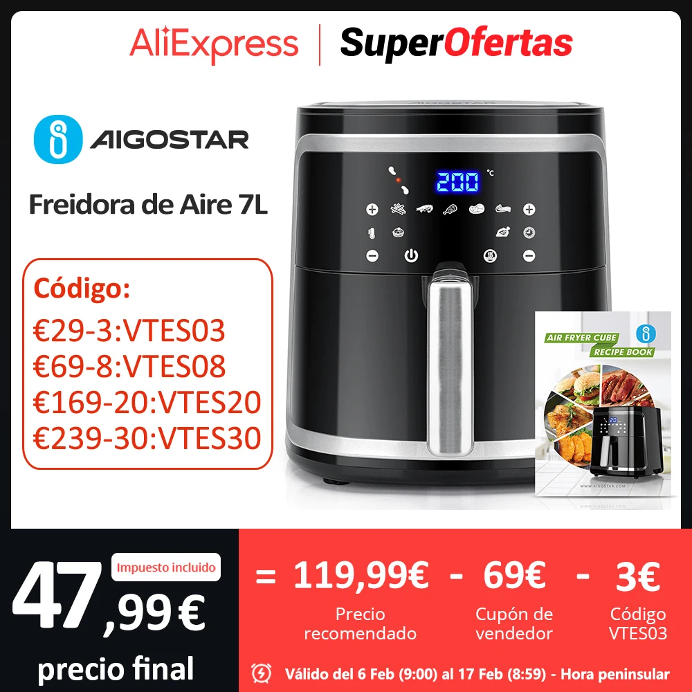 Freidora de Aire Sin Aceite 7L, 1900W, 7 Funciones Preestablecidas + Mantener Caliente, Modo Manual, Panel LED Táctil, Doble Uso: con Cesta o Cajón, Sin BPA, Libro de Recetas Incluido