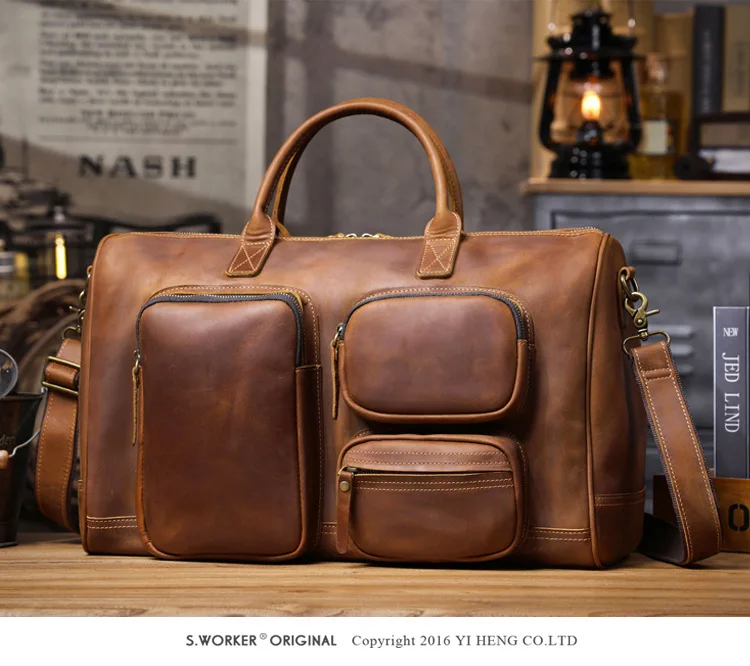 PNDME Vintage Luxus Crazy Horse Rindsleder Herren Reisetasche mit großem Fassungsvermögen Outdoor Fitness handgemachte echtes Leder große Handtasche – Detail 5