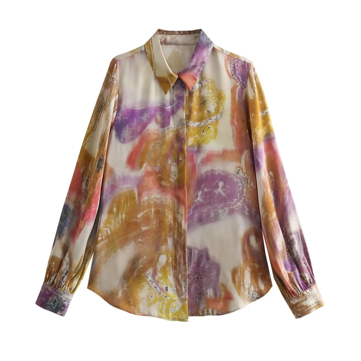 TAOP&ZA Women's 2024 Spring New Lapel Layered Tone Printed Silk Satin Textured Shirt Women 2784140