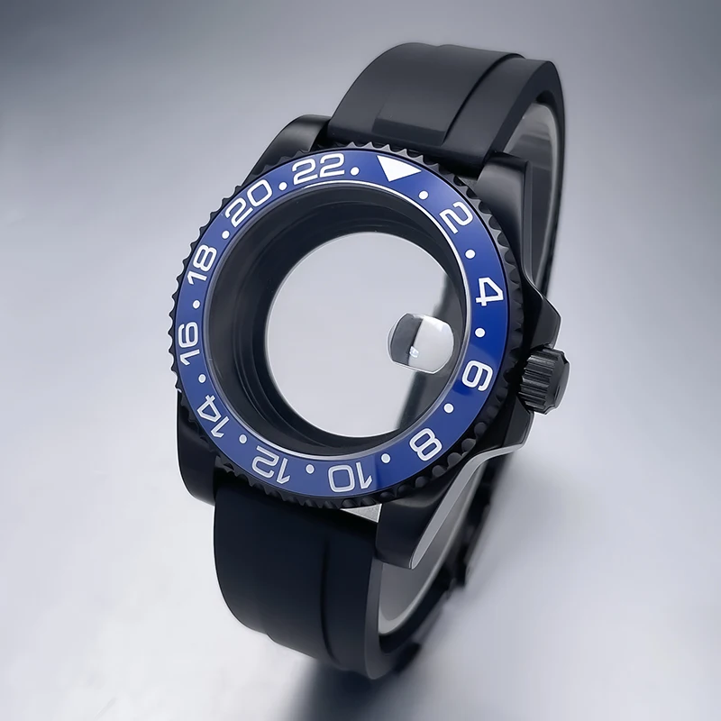 All-Black Sub Style Watch Case with Rubber Strap and Sapphire Crystal