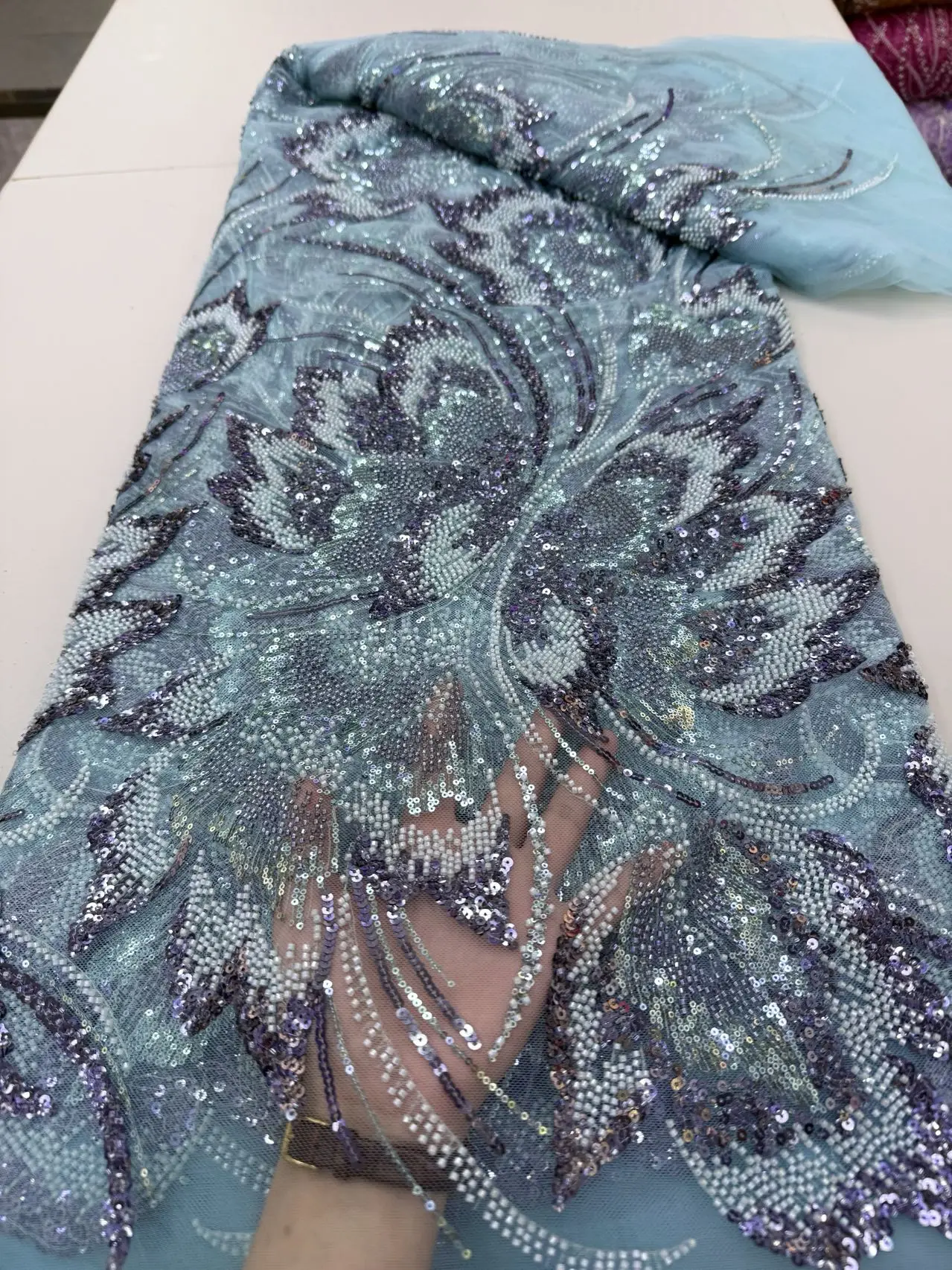 African Beads Lace Fabrics Sequin Lace Fabric 5 Yards For Woman Nigerian Wedding Dress