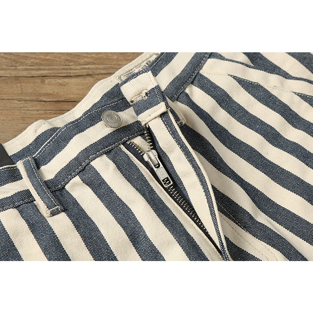 Amekaji Vertical Stripes Men's 5-Point Denim Shorts Men's Straight European And American Vintage Canvas Overalls