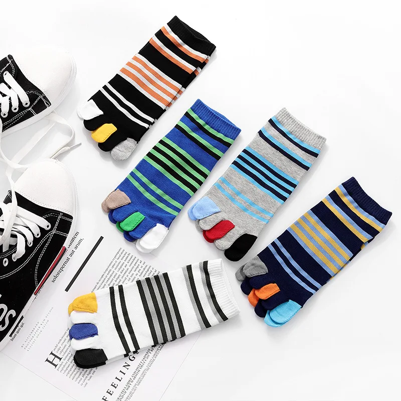 

5 Pairs Men's Five Finger Socks Low Rise Split Toe Socks Sweat Absorbing and Breathable Color Blocking Horizontal Cotton Socks