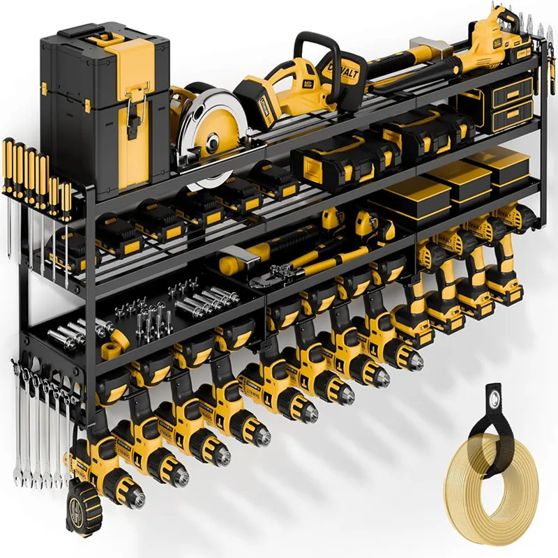 Grande organizador de ferramentas elétricas, montagem na parede, resistente, 4 camadas, 12 brocas, armazenamento de ferramentas, prateleira de bateria para oficina, galpão, porão