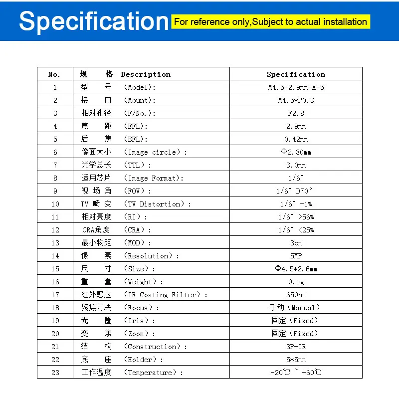 ڵ ĳ ī޶  Ȧ   , ð ġ, M4.5 EFL 2.9mm, 70 , 1/6 ġ, 5MP, 5x5mm