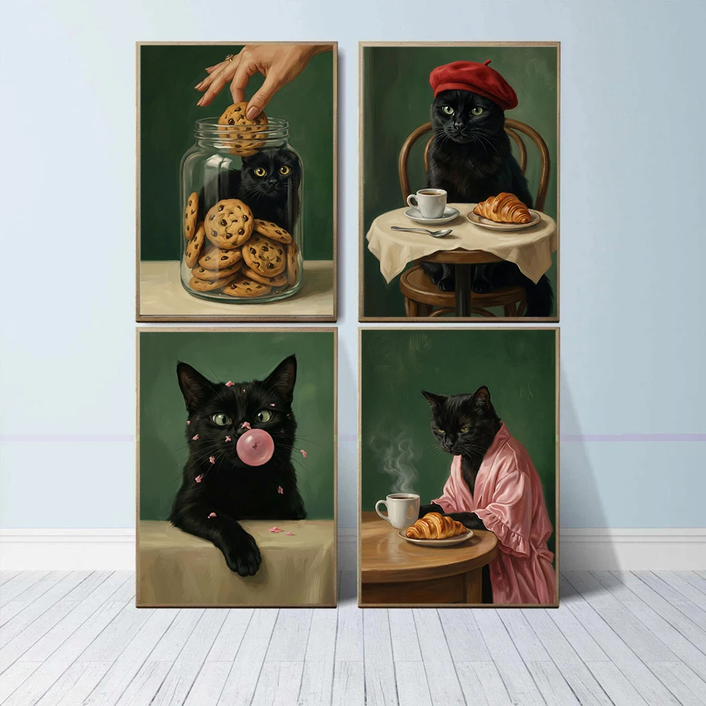 Charming Black Cat & Desserts Art Canvas