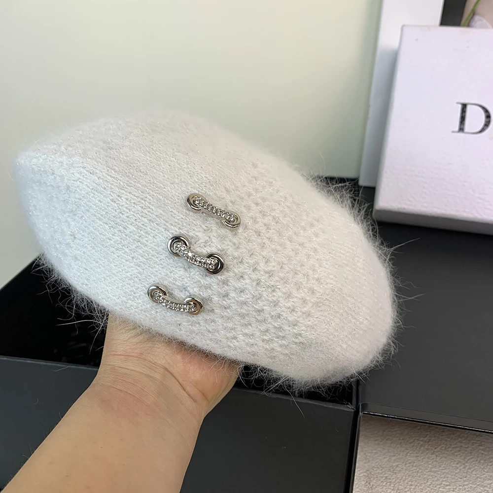 Designer Damen Baskenmütze Echtes Kaninchenfell Strickmütze Winter Warme Mütze Weibliche Baskenmütze Französische Malermütze – Detail 3
