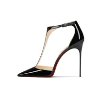 Black patent leather T-belt bag with nightclub sexy 12cm ultra-fine heel pointed party European and American high-heeled sandals - Image 5