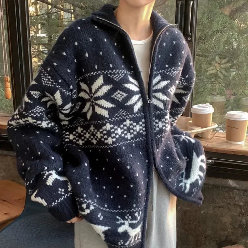 

Korean Sweater Outerwear Women New Autumn and Winter Snowflake Sweet Loose Age-Reducing Zip-up knit Cardigan Long sleeve Top