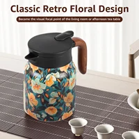 Théière vintage à motif floral, 33,82 oz, en acier inoxydable isolé sous vide, avec infuseur amovible et poignée en bois pour 3