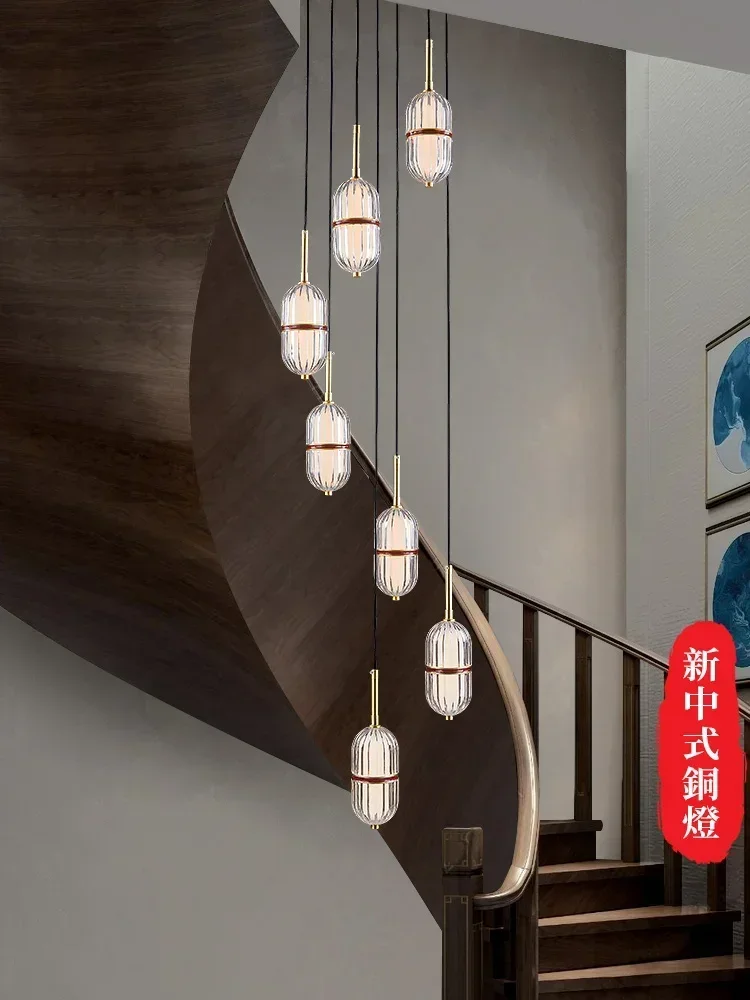 

Villa Staircase Long Chandelier New Chinese Style Stair Light Duplex Building Empty Rotating Staircase Chandelier