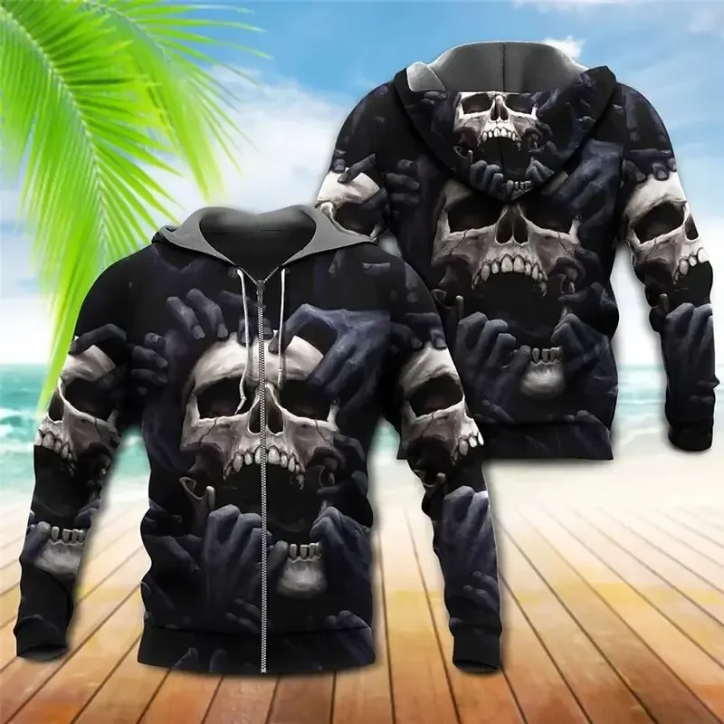 thumbnail image 1 of Sudadera con capucha y cremallera vintage para hombre, estampado de calaveras, chaqueta de moda con estampado 3D, tendencia informal de calle, ropa de otoño e invierno para hombre, 1 of 5
