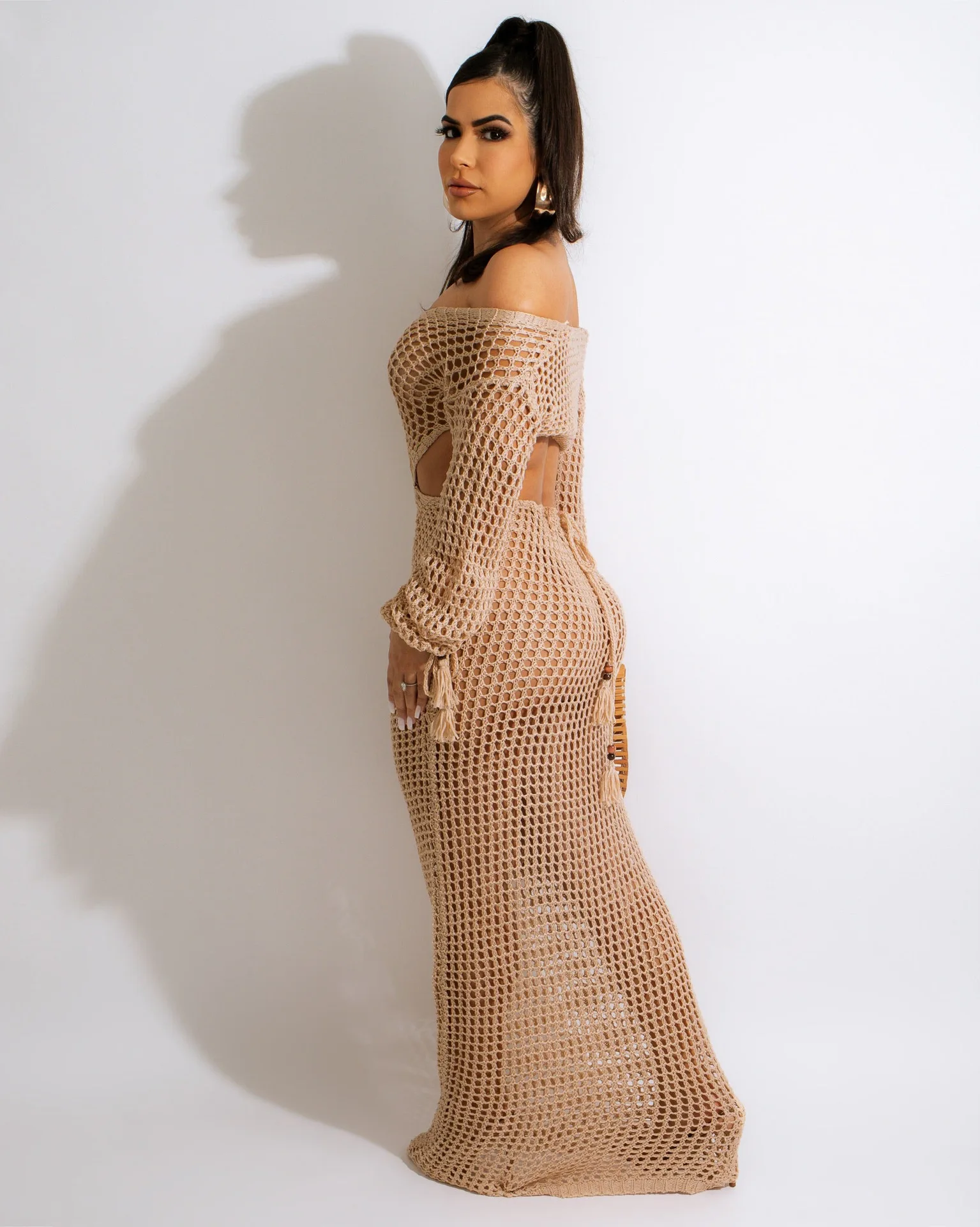 DEKA Women Knitted Backless Cover Up Swimsuit Long-sleeved Crochet Hollow Out Dress Summer Beach Vacation Outfit Beach Dress