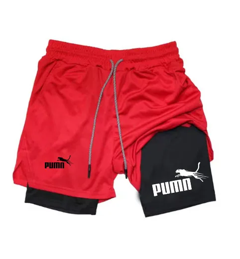 Pantalones cortos de entrenamiento para correr para hombre, Shorts de compresión con bolsillo para el teléfono, ropa deportiva atlética, estampado 2 en 1