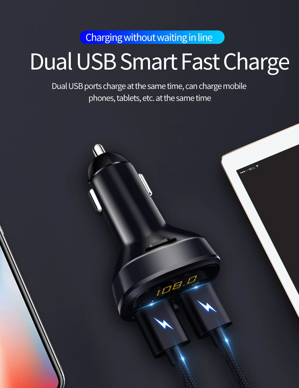 Car FM Transmitter Bluetooth 5.0 Dual USB Charger Wireless Handsfree Car Kit FM