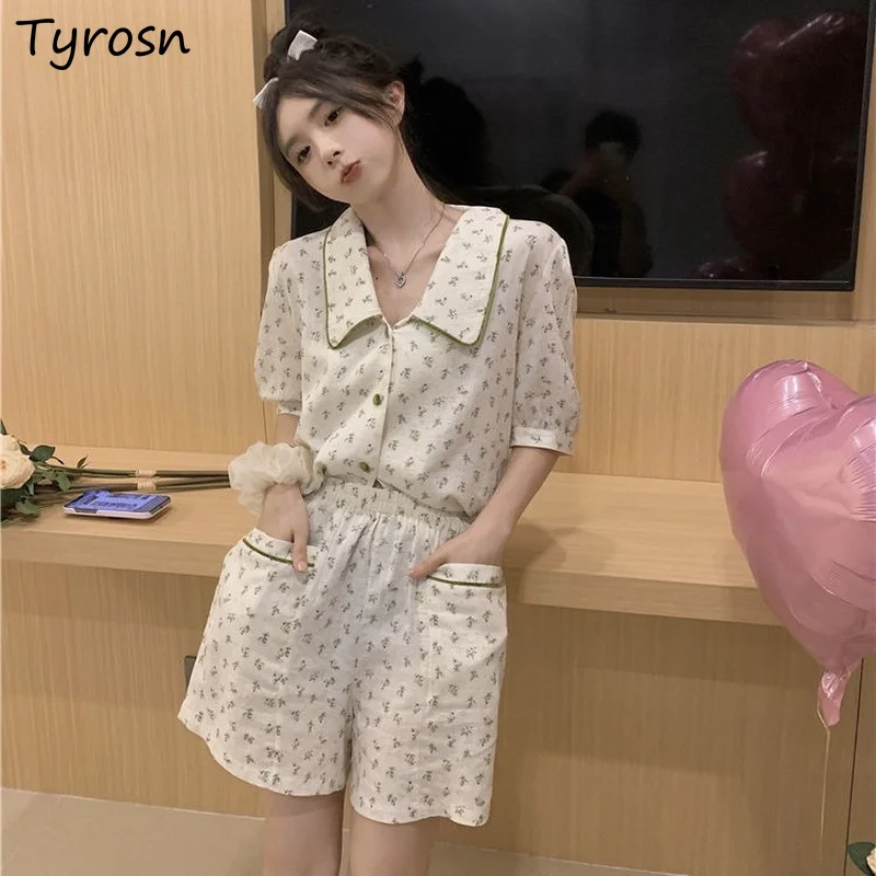 

Floral Pajama Sets Women Soft New Popular Simple Casual Pocket Home Summer Retro Sweet Harajuku Ladies Sleepwear Elastic Waist
