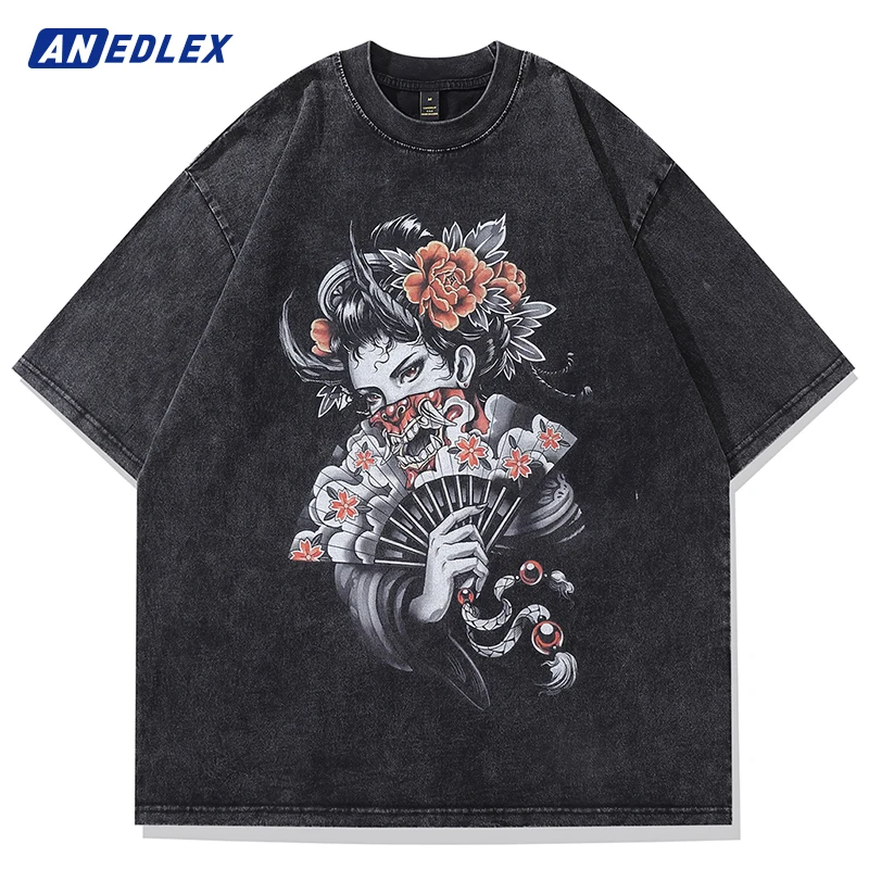 

Men Streetwear Oversized Tshirt Devil Girl Harajuku Washed Black T Shirt Women Summer Casual Cotton Loose Tops Tees Unisex