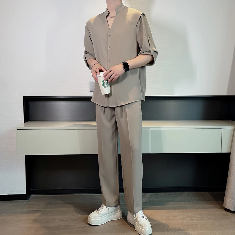 Summer Casual Set Men Loose 2 Pieces Set Short Sleeve Shirts Trousers Korean Loose Ice Silk Sets Business Party men clothing