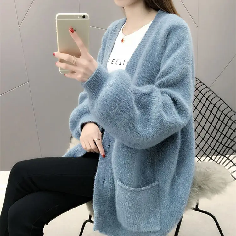 

2023 Women Autumn Winter New Imitation Mink Cashmere Cardigan Female V-neck Sweater Jackets Ladies Solid Color Knit Coats W583