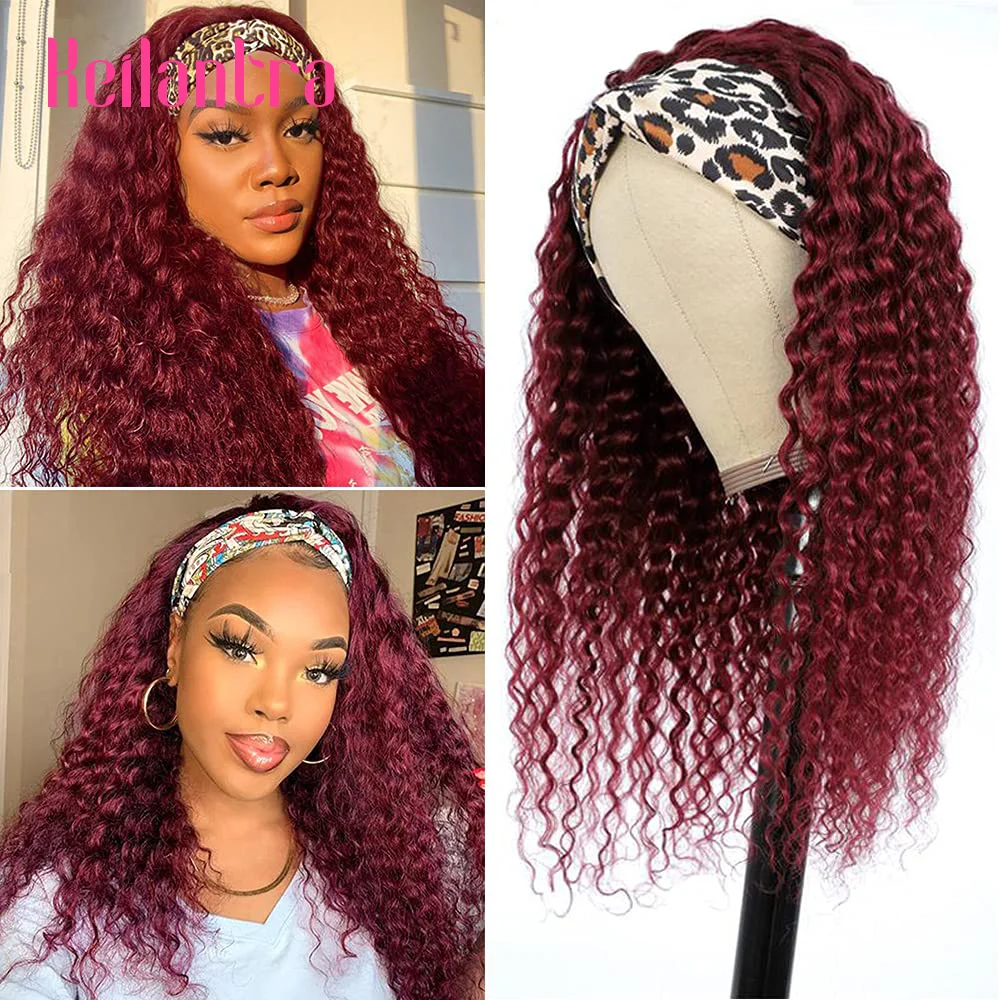 99J Water Wave Headband Wig Human Hair Glueless Red Burgundy Colored Curly Full Machine Made Headband Wigs For Black Women 180%