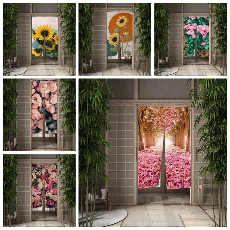 

Spring Flowers Door Curtain Dining Kitchen Door Curtain Japanese Style Partition Curtain Drape Entrance Hanging Half-Curtains