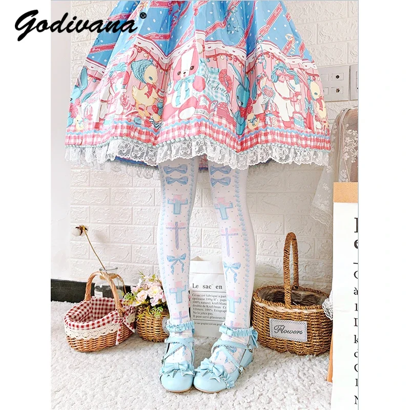 Sweet Lolita Socks Women's Long Sock Summer and Autumn Tube Socks Velvet Printed Lolita Japanese Sockings Thigh High Stockings